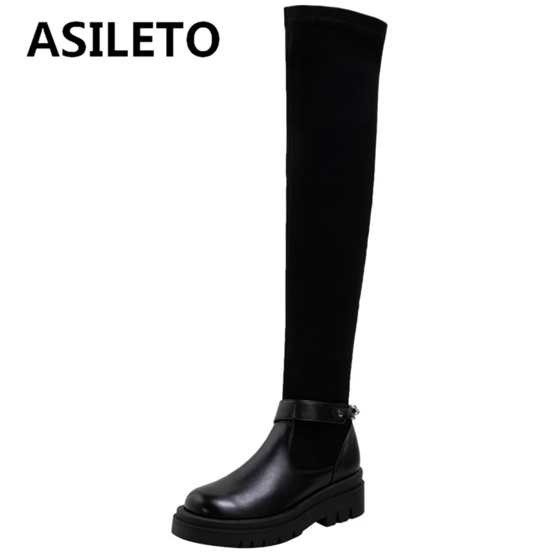 

ASILETO модные сапоги выше колена для девочек круглый носок плоские сращивающиеся цепи слипоны большой размер 31-43 досуг черный осень зима S2702