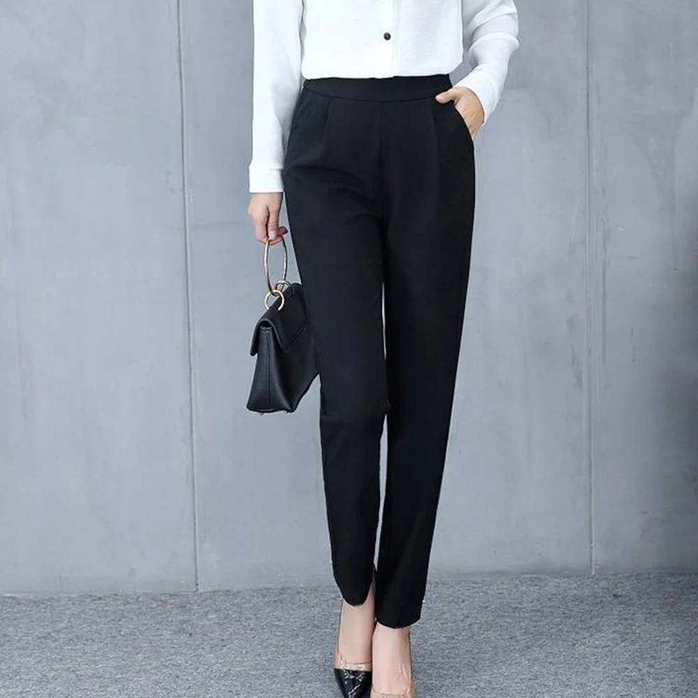 Женские брюки карандаш повседневные однотонные со средней эластичной талией