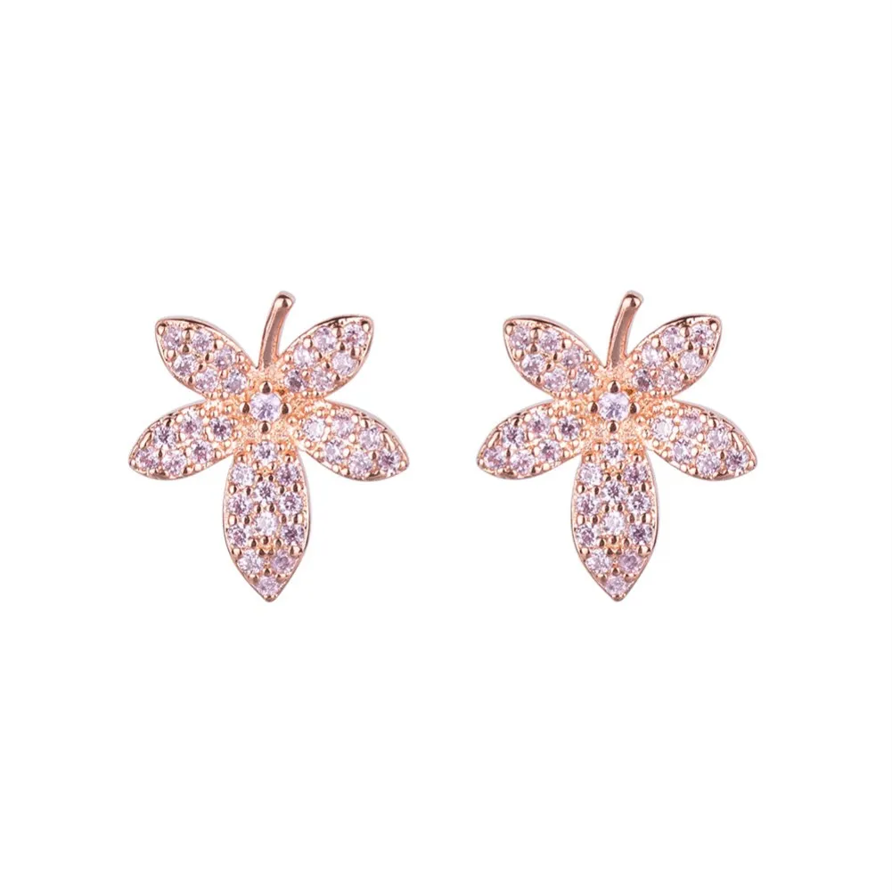 

Fashion Rose Gold Plated Stud Earrings with Shiny Rhinestone Maple Leaf for Women Party Luxury Jewelry Gift Sweet Romantic HO2