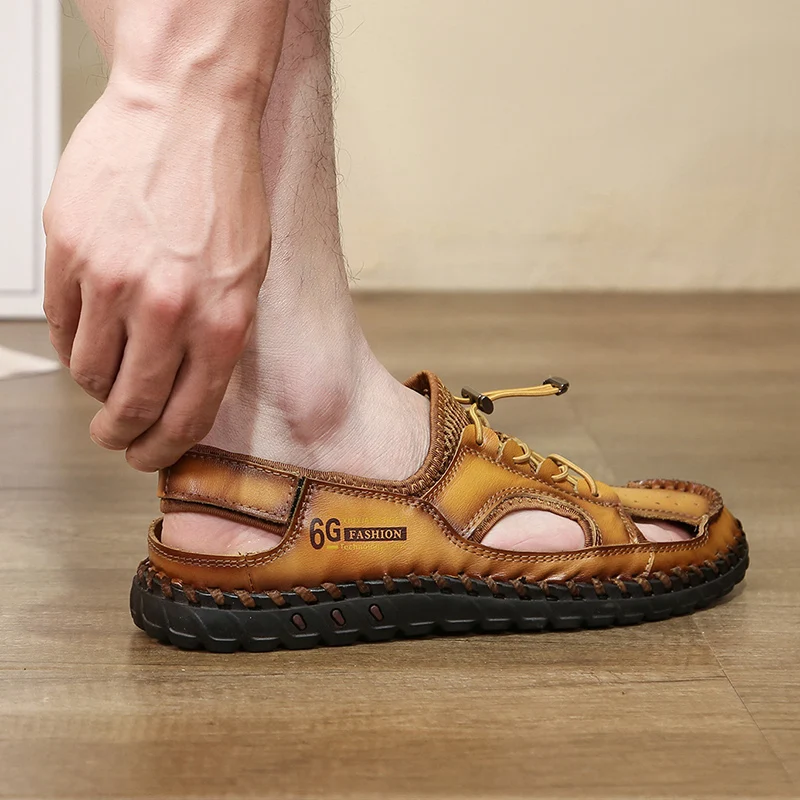 

2021 Cowhide Mens Beach Sandals Male Sport Sneakers Walking Shoes Summer Water Shoes Outdoor Beach Slippers for Men Plus Size