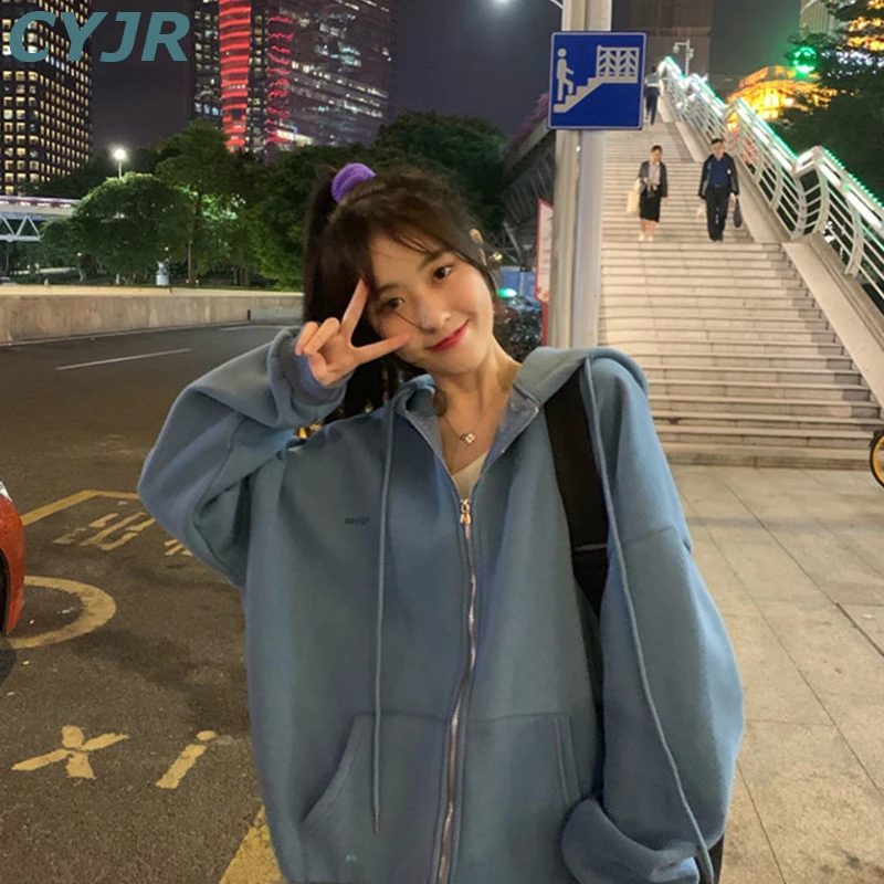 

Толстовка CYJR Женская на молнии, винтажный однотонный свитшот с длинным рукавом, большие размеры, Повседневная Верхняя одежда в Корейском ст...