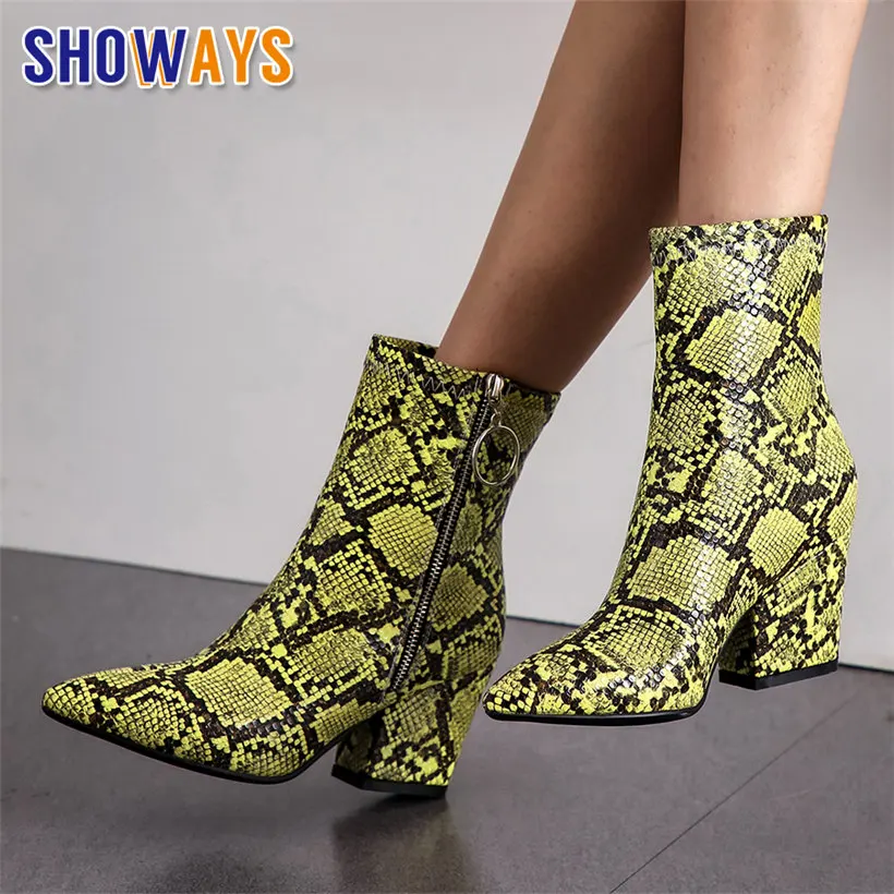 Зимние женские ботильоны Пикантная Обувь Из Искусственной Змеиной кожи на