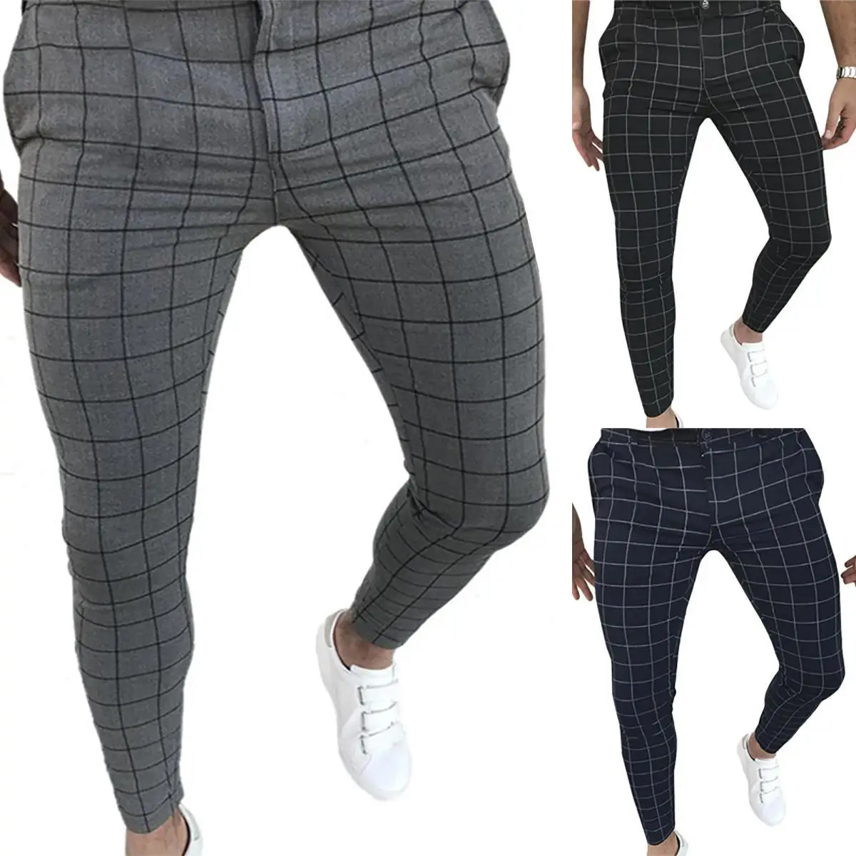 

Men Plaid Pencil Pants Casual Formal Skinny Trousers Office Wedding Business