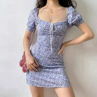 80 hot sales women mini dress floral print bodycon short puff sleeve backless dress for springsummer