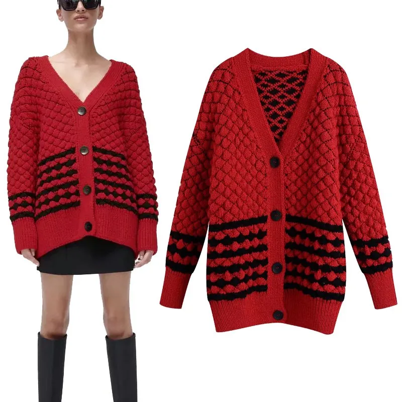 

Za Oversized Striped Knit Sweater Cardigan Women Red Long Sleeve Roomy V Neck Cardigans Chic Feminino Loose Warm Sweater Jacket