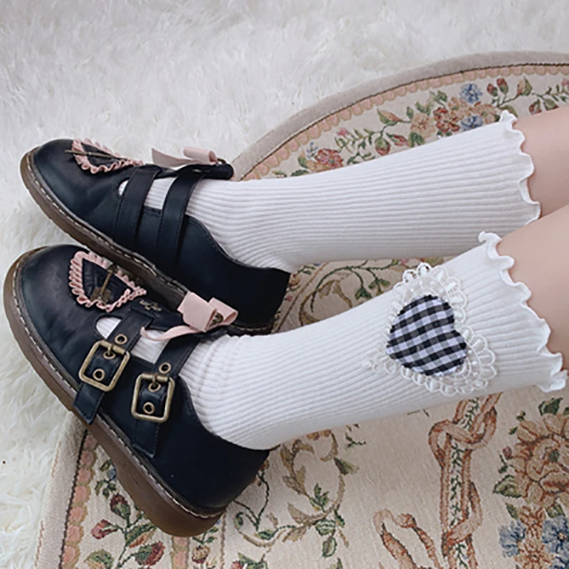 

Winter Japanese Lolita Socks Long Tube Ruffles Cotton Maid Stockings Slouch Heart Black Socking Loli Accessories JK Uniform