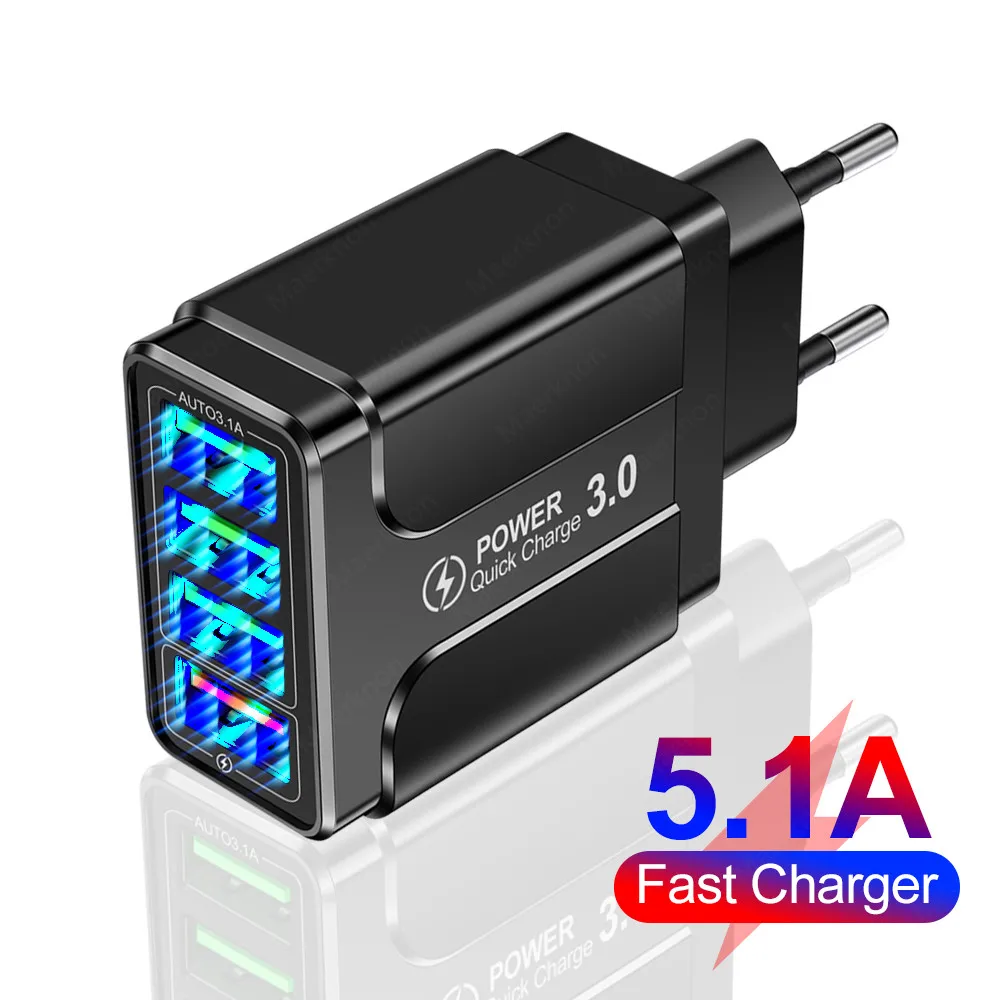 

5.1A USB зарядное устройство Quick Charge 3,0 35 Вт для iPhone 12 11 Huawei Samsung S9 мобильный телефон 4 порта QC3.0 зарядное устройство для быстрого настенного заряд...