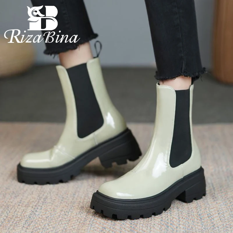 

RIZABINA Real Leather Women Short Boots Fashion Platfrom High Heel Winter Shoes For Woman Warm Office Lady Footwear Size 34-40