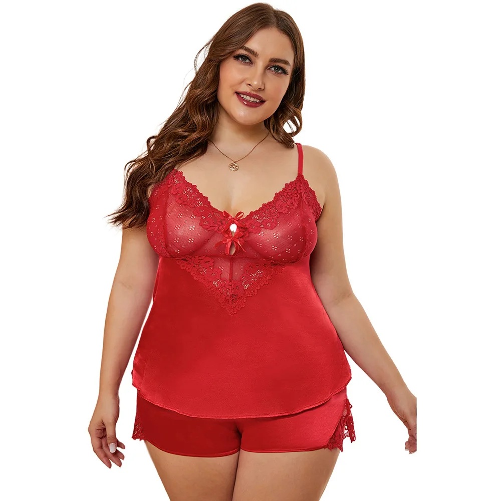 

CyiExi Plus Size Floral Lace Satin Cami Pajama Sets for Woman Summer Sexy Sleep Set Tops and Shorts Suit Female Sleepwear XL-5XL