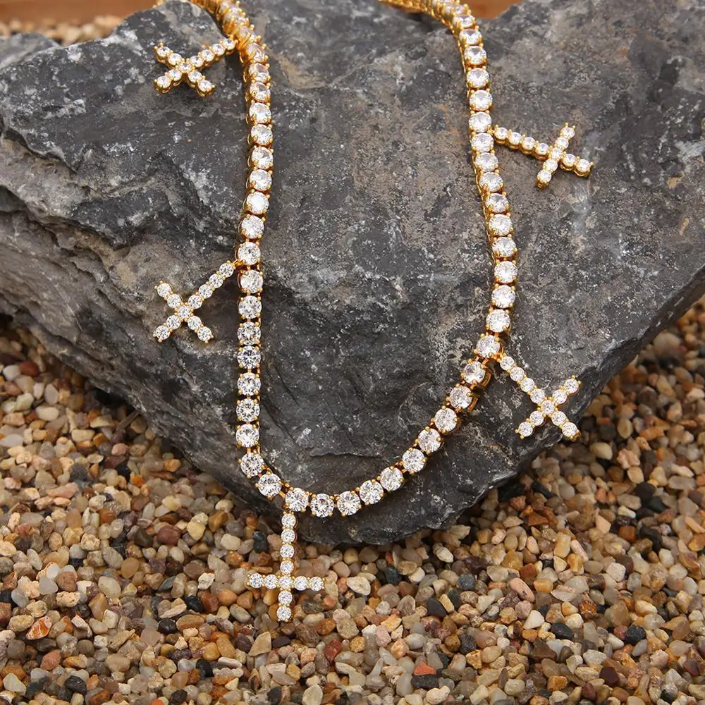 Хип-хоп 1 ряд AAA + CZ Stone Bling Iced Out 5 Cross Tennis цепочка на шею для мужчин Женская мода