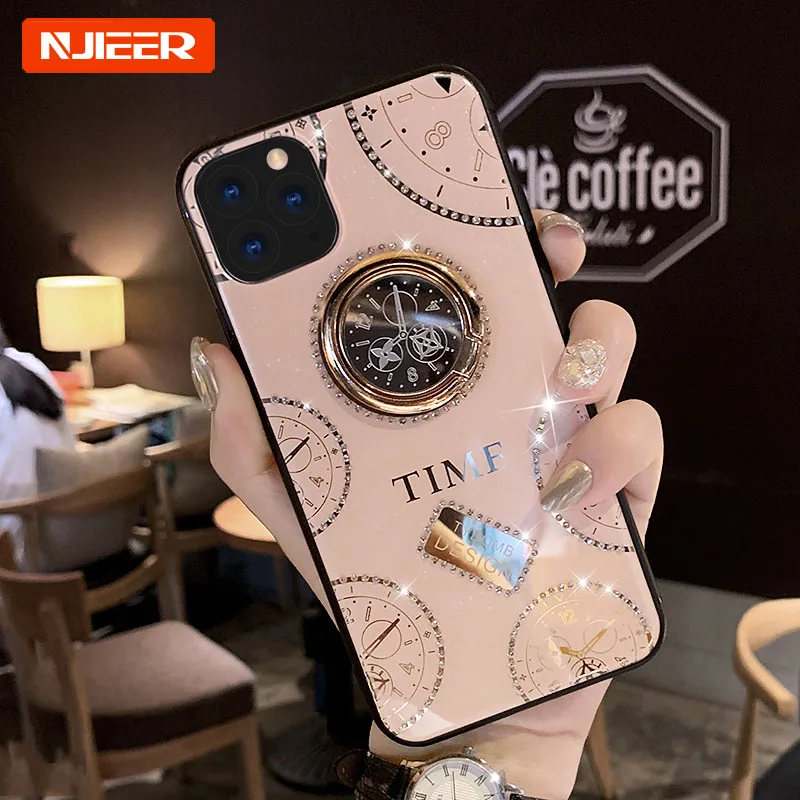 

Luxury Bling Glitter Diamond Phone Case For iPhone 11 Pro Max XS X XR 7 8 Plus SE 2020 Stand Finger Ring Holder Shockproof Cover