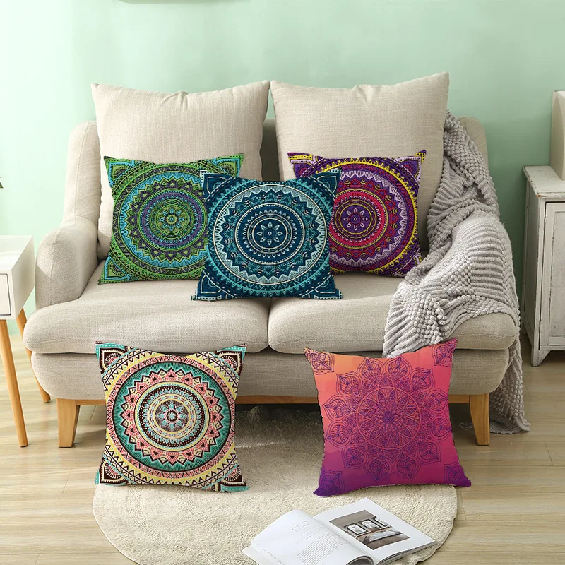 

Mandala Pillowcases Peachskin Boho Throw Pillows Floral Printed Chair Black Pillow Case Cover Cushions For Sofa Livingroom Decor