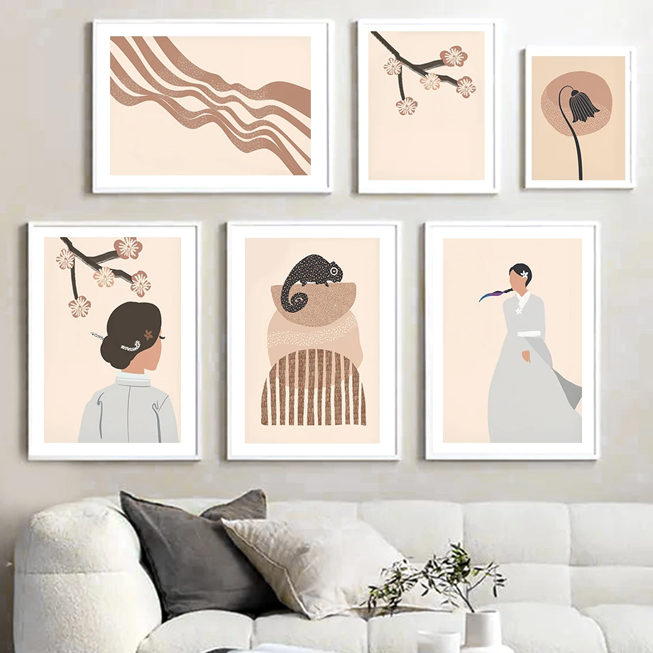 

Bohemia Style Hanbok Girl Flower Line Abstract Nordic Wall Art Canvas Painting Posters And Prints Pictures For Living Room Decor