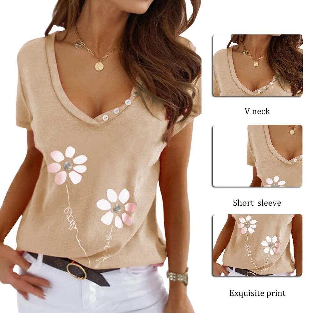 

Summer Women's Loose Casual Tops Solid Color Printing V-neck Short-sleeved T-shirt for Women Fashion Cotton Plus Size Clothing