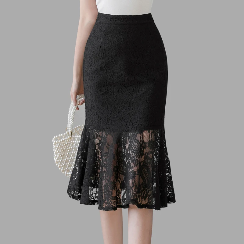 

New Arrival 2020 Spring Summer Women Skirt High Quality Ruffles Vintage Lace Skirt Elegant Slim High Waist Mermaid Skirt