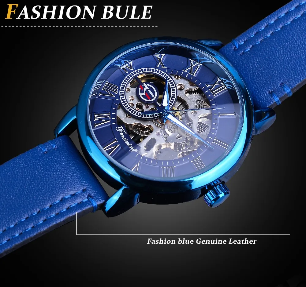 Forsining Mens Full Blue Mechanical Watches Hand Winding Analog Genuine Leather Belt Business Dress Wristwatch Relogio Masculino