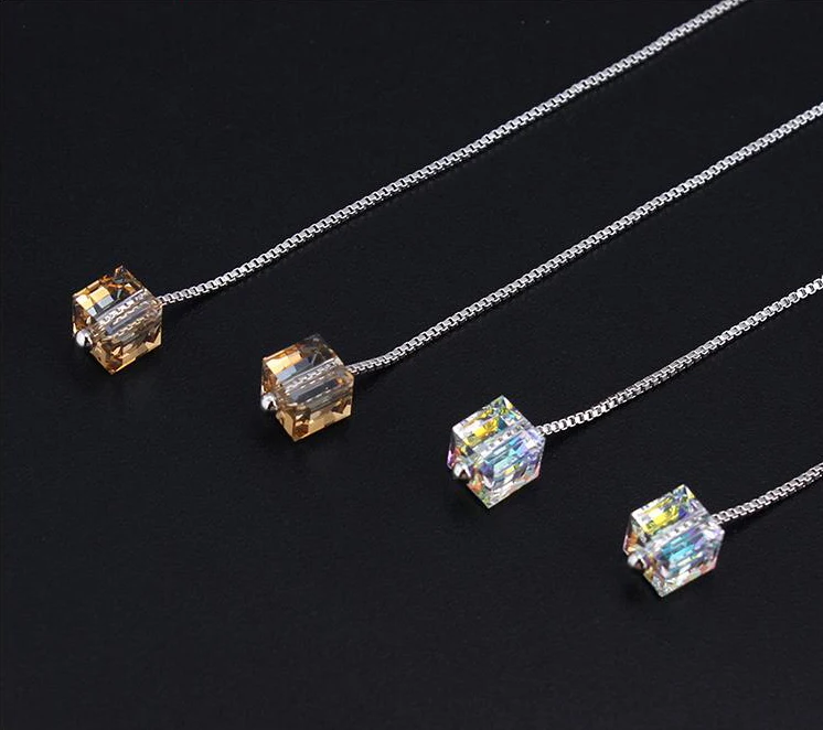 Кристалл от Swarovski ожерелье с подвесками-кубиками для женщин Серебряный цвет коробка цепь ослепительные маленькие простые ожерелья Collier Femme