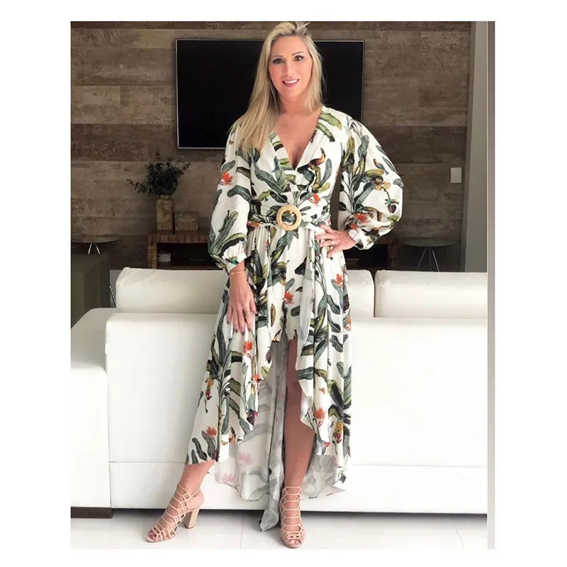 

2020 Casual Print Women Dress Autumn Fashion V-neck Sashes Slim Dress Irregular Ruffles Dress