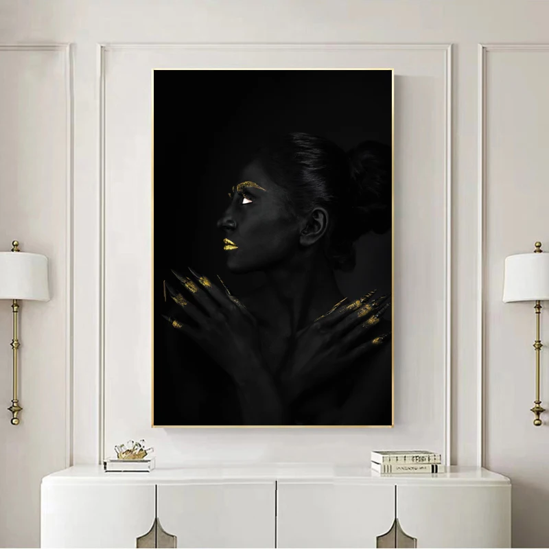 Постер с изображением женщины из черного золота картины на холсте настенные для