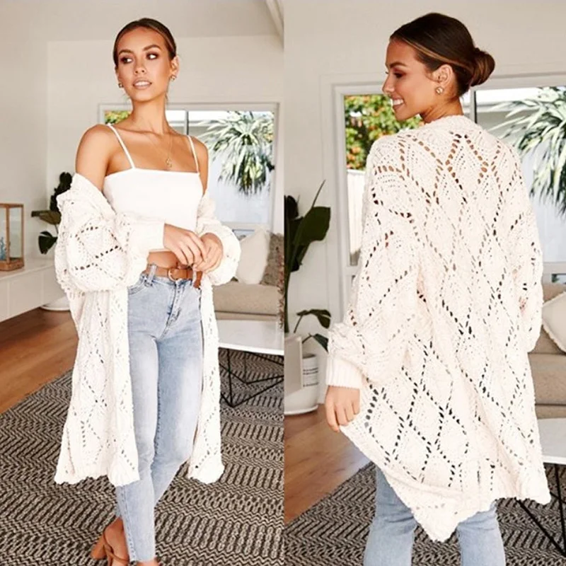 Fitshinling выдалбливают длинный женский кардиган трикотажная куртка осень зима верхняя одежда Boho тонкие кардиганы для женщин одежда однотонная