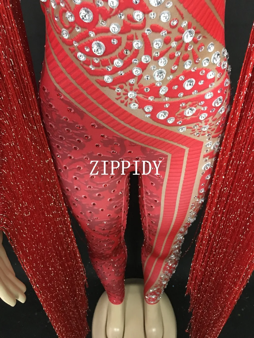 Блестящий красный комбинезон с бахромой Стразы женский кисточками для