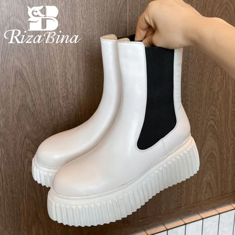 

RIZABINA Новый Женские ботильоны из натуральной кожи на толстой подошве смешанных Цвет обувь для женщин модные Клубные полусапожки размеры 34–...