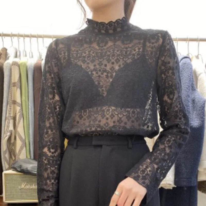 Однотонная рубашка 2019 Осень Зима Новая кружевная Женская иностранная
