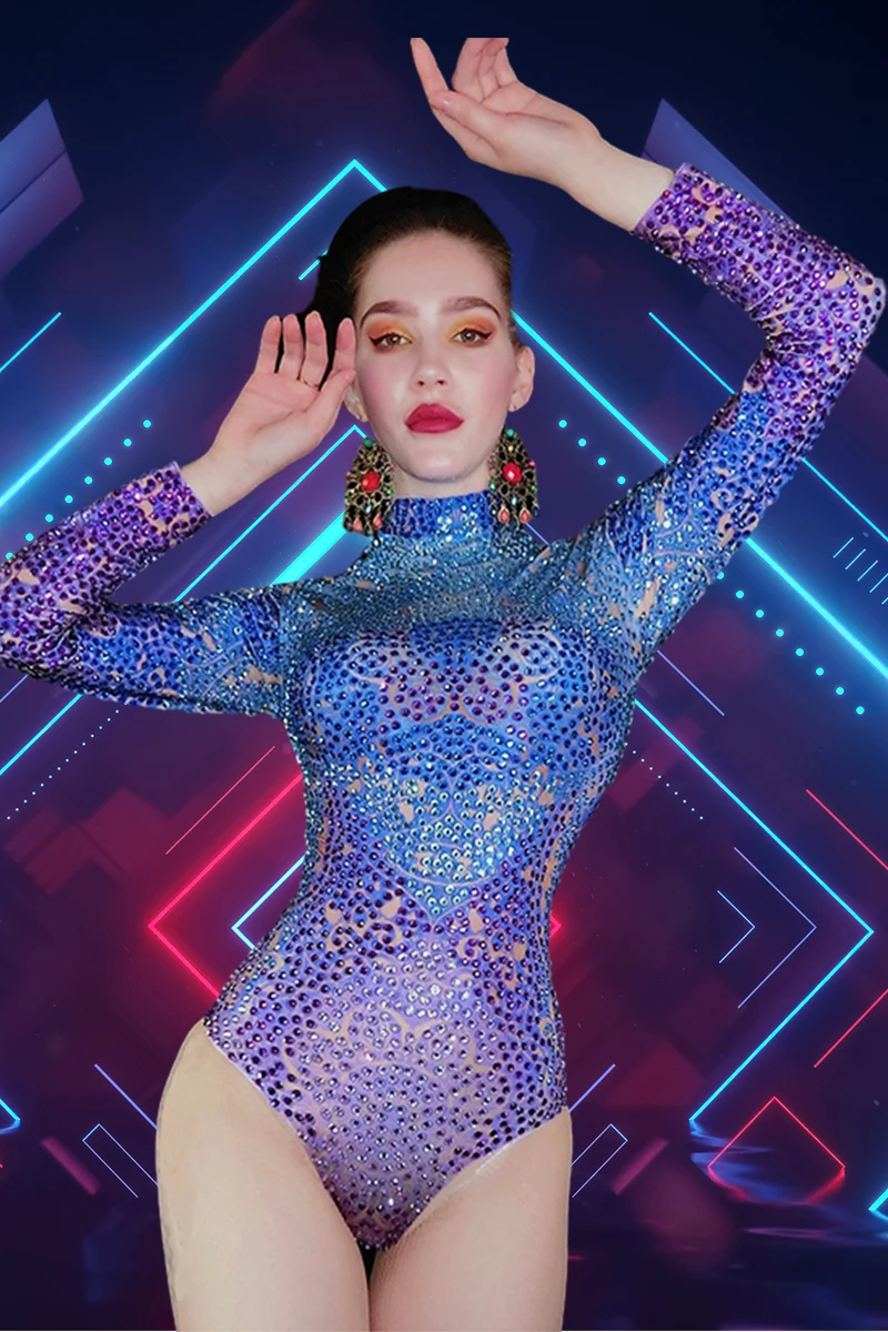 Adult Women Purple Blue Gradient Color Rhinestones Long Sleeve Bodysuit Floor Exercise Acrobatic Performance Leotard DS Costume
