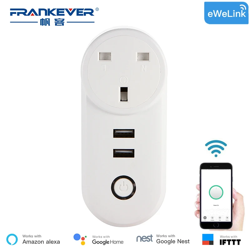 Умная вилка FrankEver UK с двумя портами USB 10A Домашняя автоматизация Wifi розетка