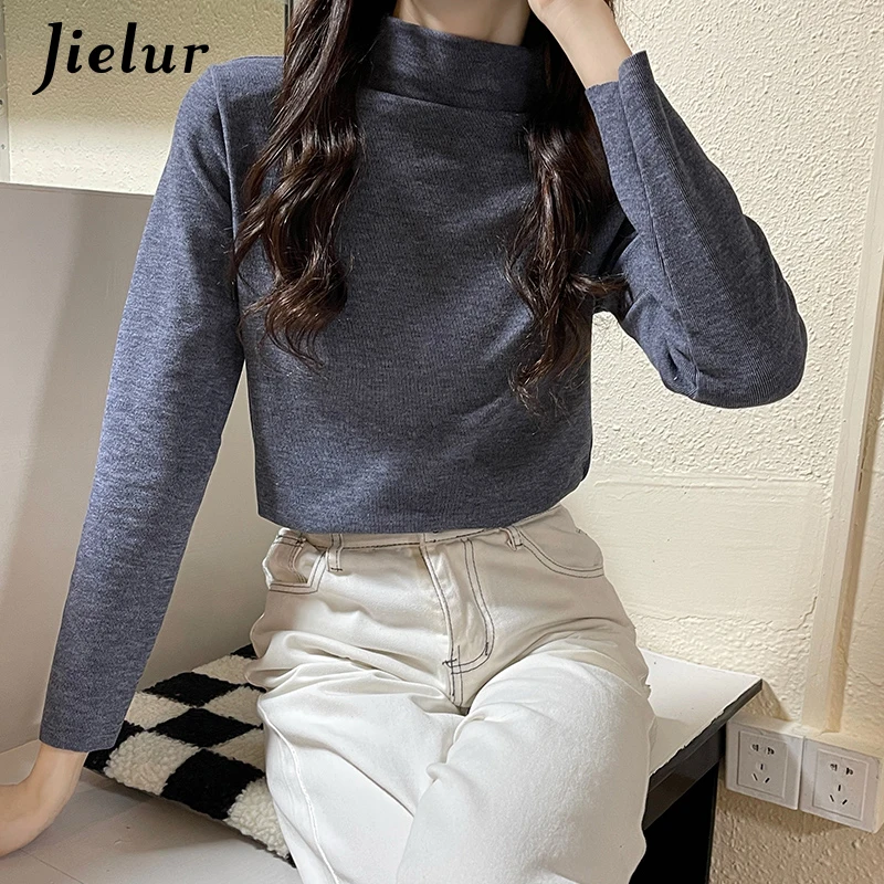 Jielur Серая эластичная женская футболка однотонная Базовая с длинным рукавом