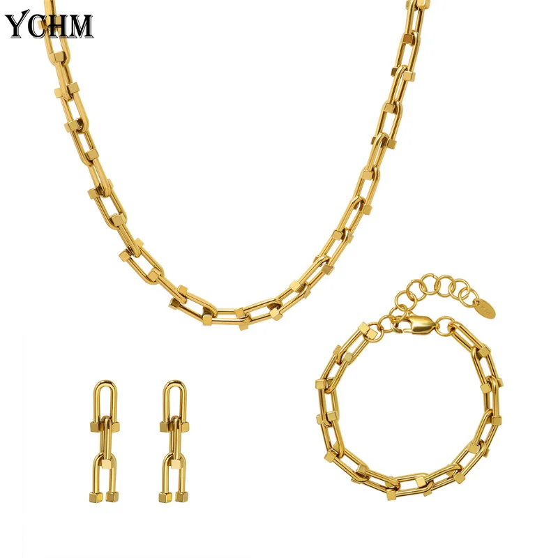 Нержавеющей стали U Форма массивное ожерелье-цепочка браслет Комплект сережек