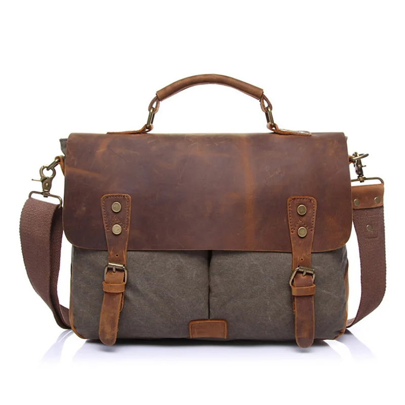 

Retro Men's Briefcase Canvas Laptop Bag Crossbody Bag with Crazy Horse Leather