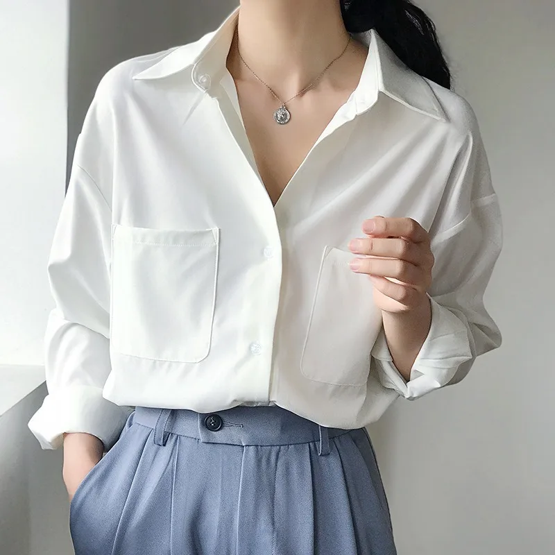 

OL Style Solid White Chiffon Shirts Women 2020 Autumn Pockets Tops Women Blouse Elegant Workwear Female Tops blusas femme SL86
