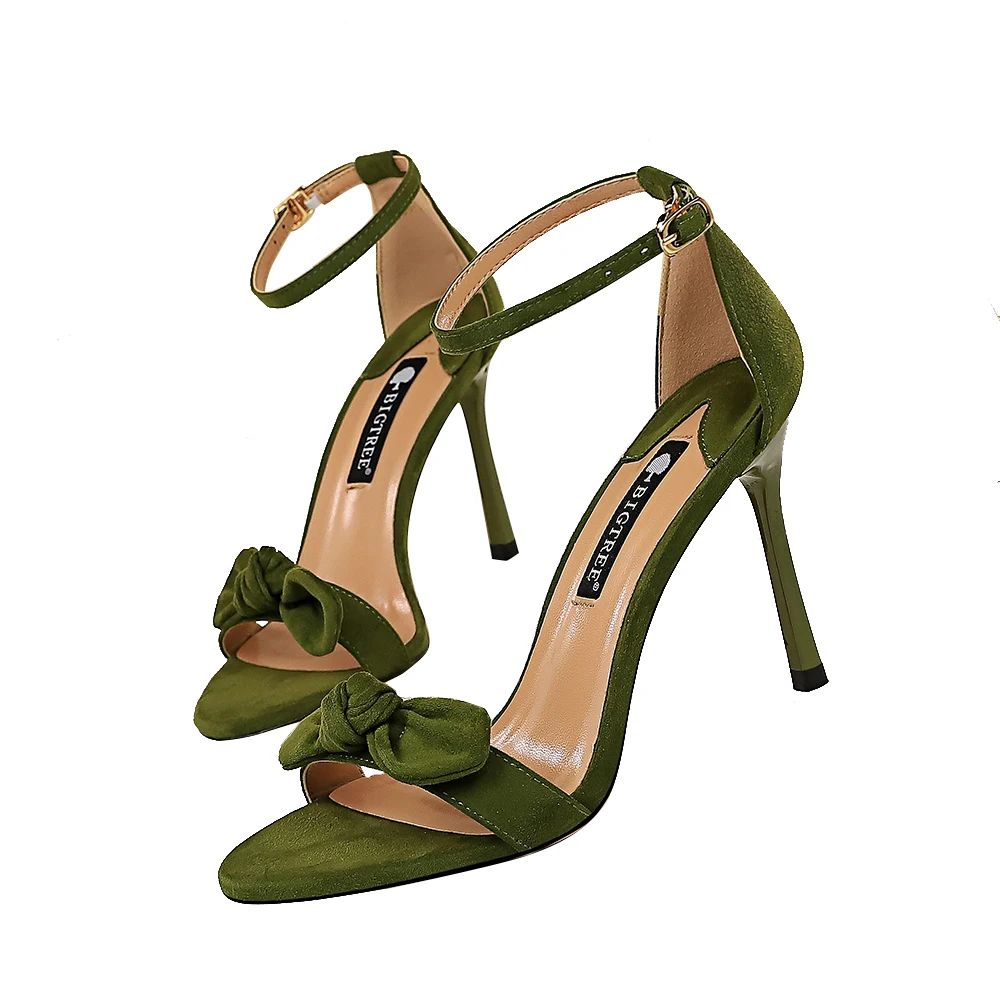 

Korean version of the fashion, new slim women's shoes, summer, thin heels, suede faces, bows, single stripe, sandals with open toe