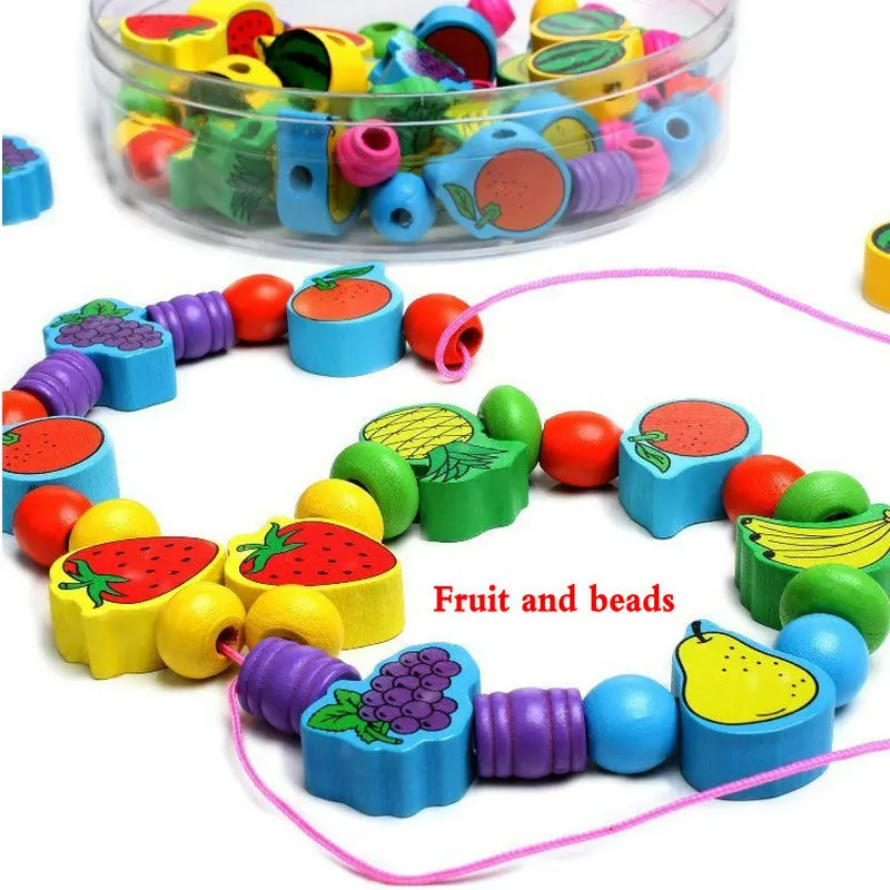 Fruit blocks 90 шт Детские DIY строительные блоки животных классические деревянные бусины игрушки, деревянные детские Обучающие Детские струнные бусины игрушки - Цвет: Fruit blocks