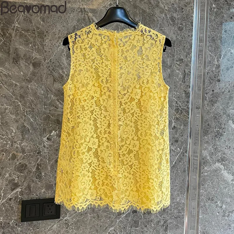 Beanomad Runway Fashion Summer Woman Yellow Silk Skirt Suit O-Neck Lace Hollow Out Top+High Waist Ruffles Hem Skirt 2 Piece Set