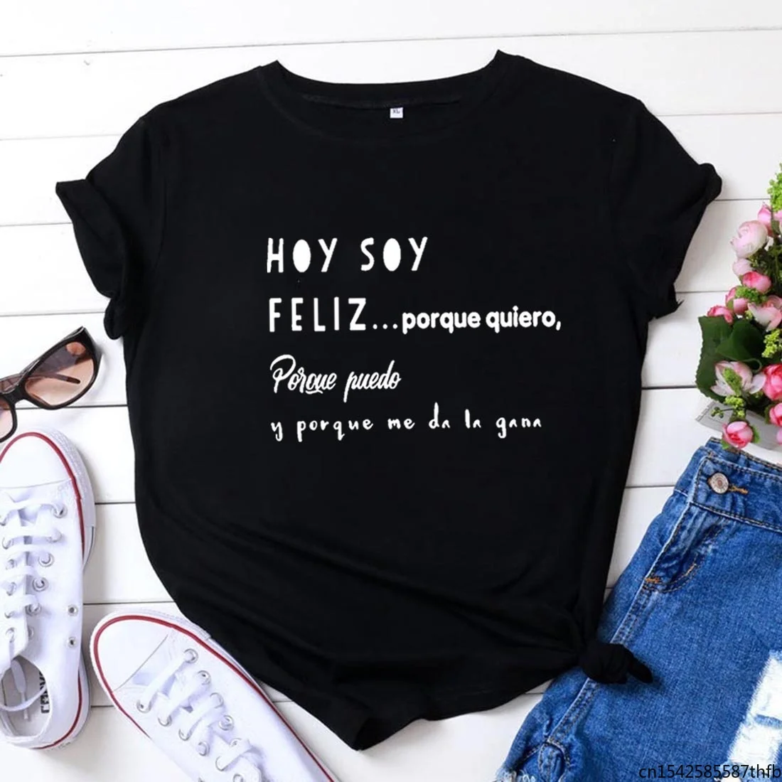 

Hoy Soy Feliz Funny T Shirts Women Short Sleeve O-neck Harajuku Tee Shirt Femme Casual Tshirt Women Loose Camiseta Mujer