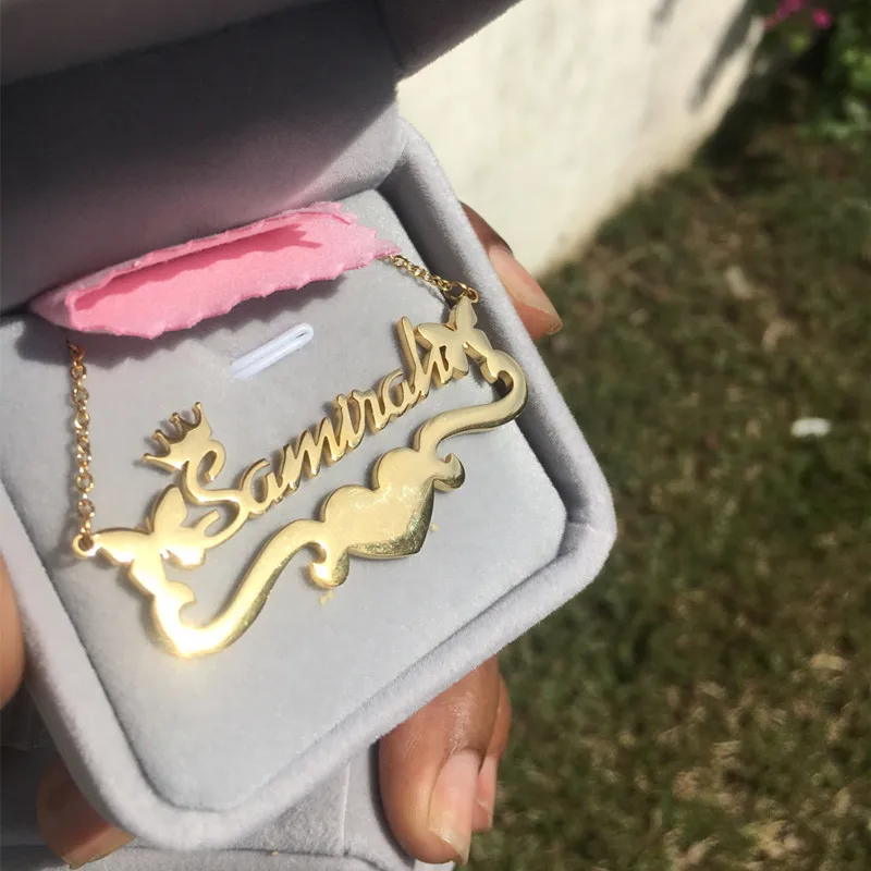 Индивидуальное ожерелье с радужной короной бабочкой именем сердца Женская