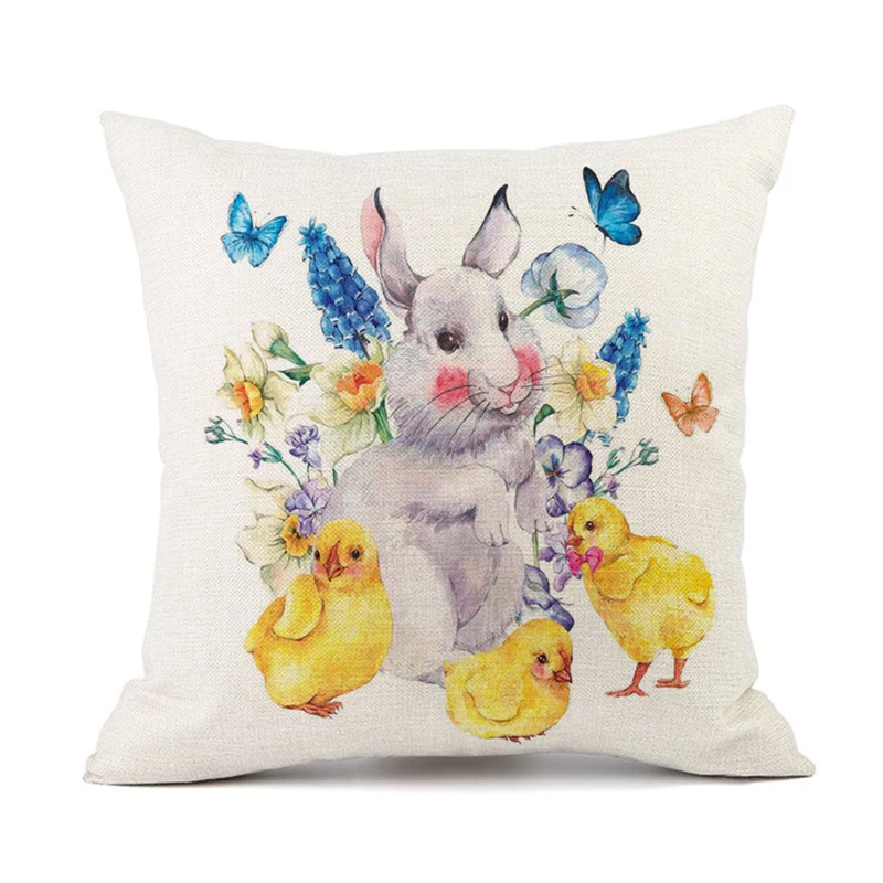 

Linen Pillow Case Bamboo Basket / Egg / Rabbit/ Chick Print Zipper Pillowcase