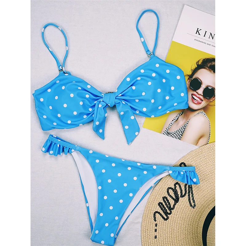 Женский купальник с бантом бикини в горошек стиле ретро |