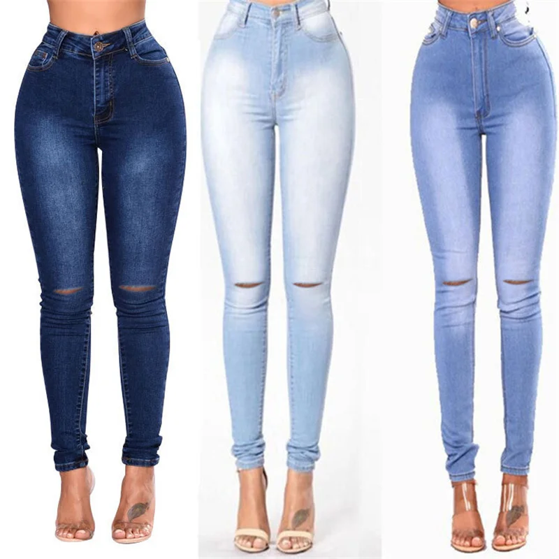

High Waist Ripped Jeans for Women Slim Stretch Denim Pencil Jean Bandage Skinny Push Up Jeans for Girl Plus Size 2021 Summer