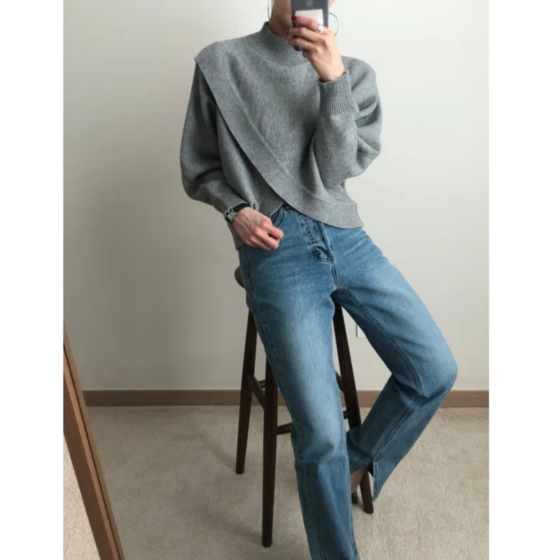 

Women's Knitted Sweater Half High Collar Loose Cross Irregular Female Jacket Hedging Long Sleeve Fashion Korean Retro Harajuku