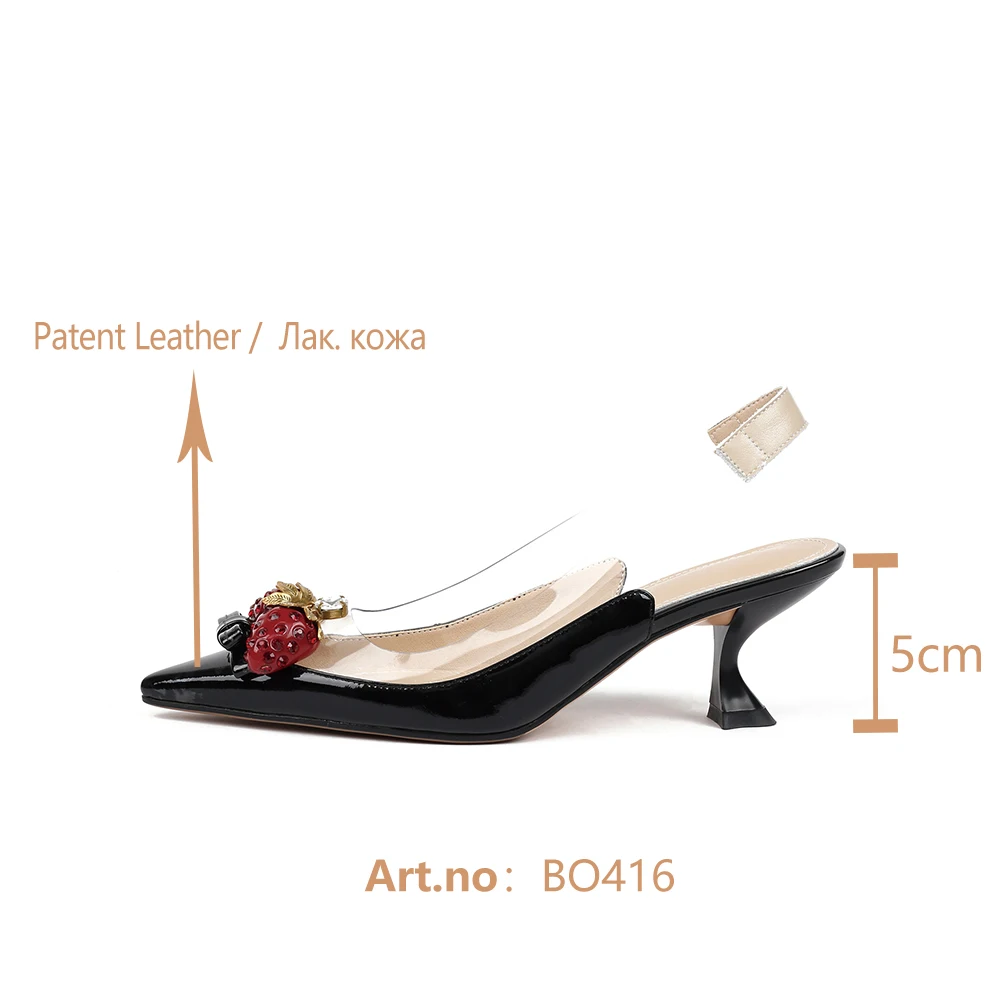 

BESCONE Fashion Women Pumps Sweet Pointed Toe 5cm Heel Strawberry Metal Decoration Slingbacks Shoes Handmade Stylish Pumps BO416