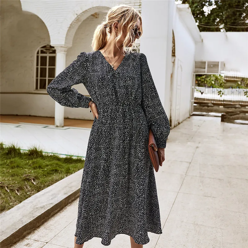 

2020 Casual Elegant Women Dress Autumn Fashion OL V-neck Lantern Sleeves Slim Maxi Dress
