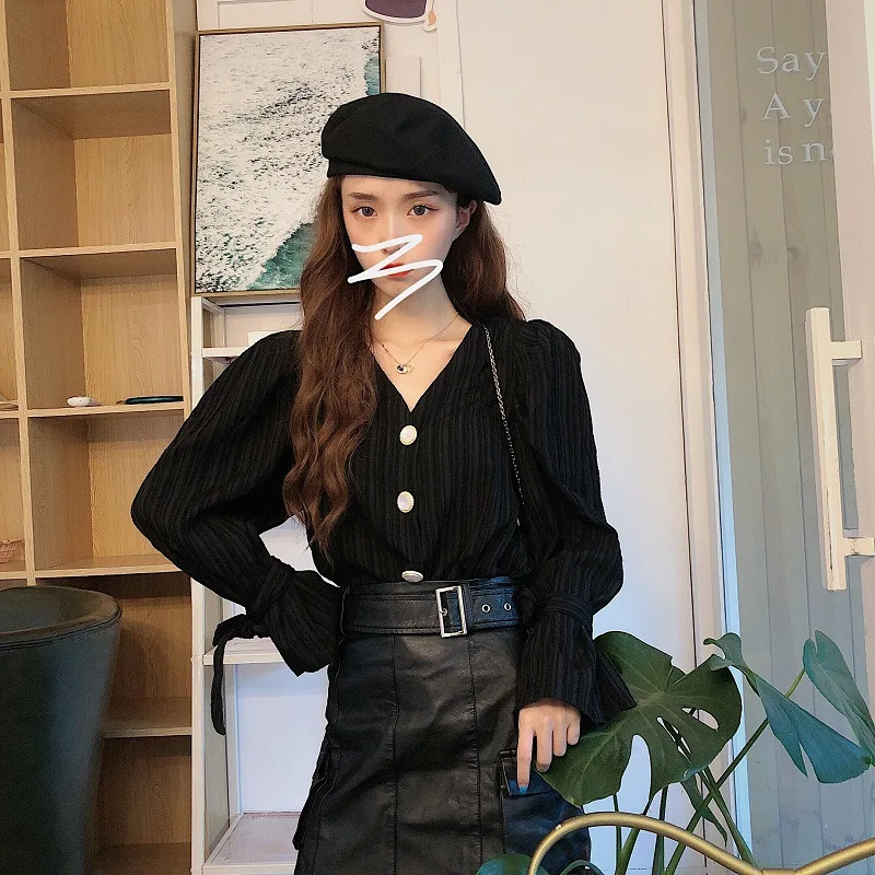 

Autumn new Korean design loose V-neck temperament bandage long sleeve shirt women's net red retro chiffon shirt