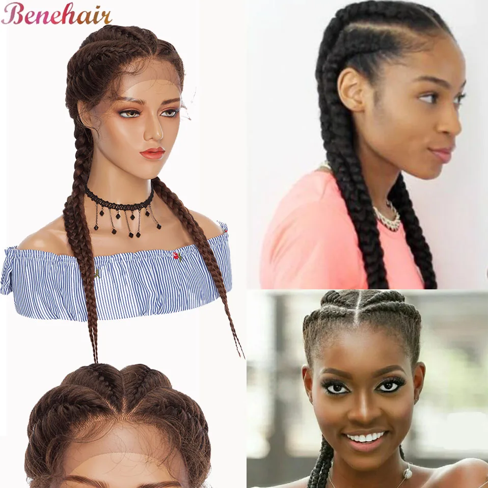 Benehair 24inch Synthetic Dutch Braids Wigs With Baby Hair Box Braids Wig Afro Wig Braided Lace Front Wig For Black Women Daily