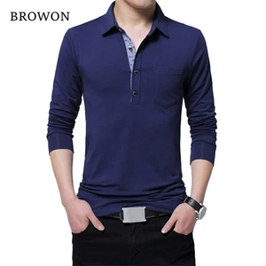 Мужская хлопковая футболка BROWON, удобная повседневная футболка с отложным воротником и длинным рукавом размера плюс 5XL, осень 2019