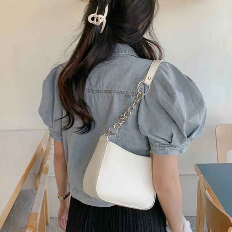 

2020 Summer Turn-down Collar Single Breasted Loose Section Puff Sleeve Short Denim Jacket Korean Casual Women Coats Veste Femme