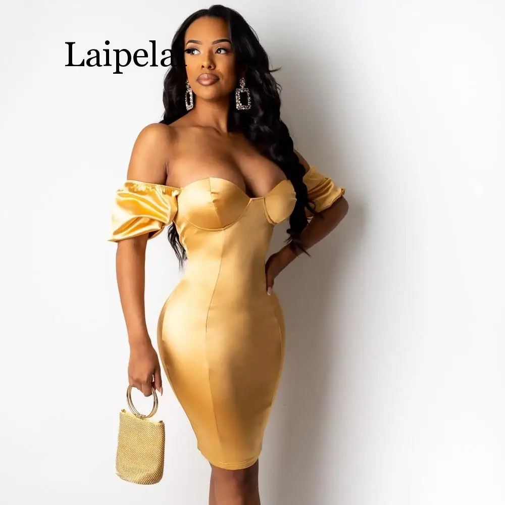 

Backless Puff Sleeve Satin Slip Party Dress Women Summer Sexy Square Collar Vintage Elegant Mini Dress Autumn Women