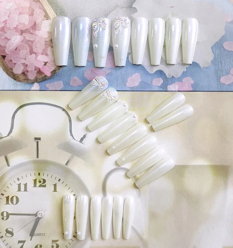 Coffin Fake Nails with Glue Aurora Pearl Bow Handmade Reusable Acrylic Stiletto Press on Nail  Ballet Fasle Nails 24pcs/Box